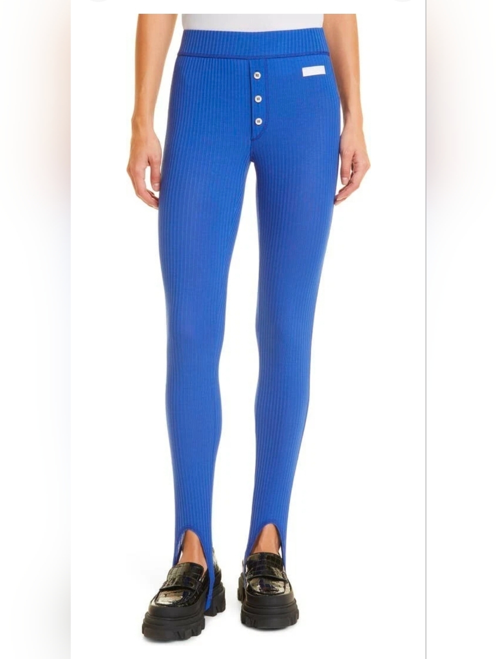 NWT GANNI Rib Stirrup Leggings Blue Button-Front Knit, Size L